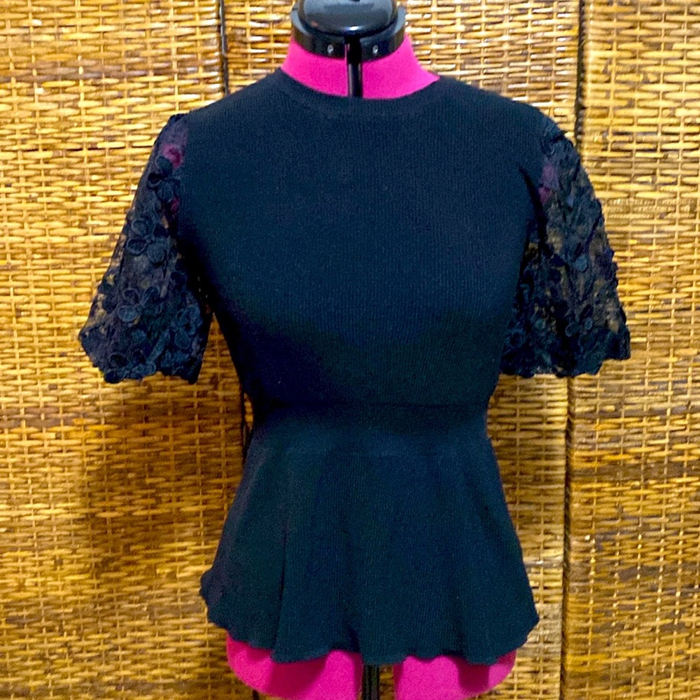 EUC Alice Blue Black Floral Lace, short sleeve peplum sweater S